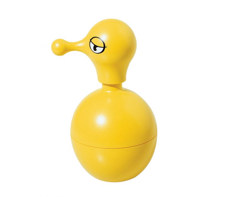 Gelber Alessi Mr. Cold Seifenspender mit Cartoon-Gesicht, moderner und lustiger Spender für Badezimmer.